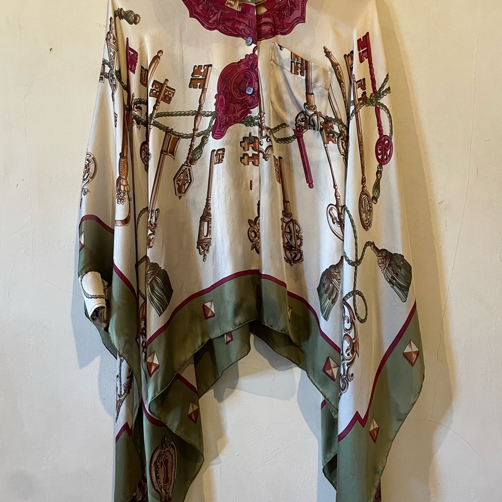 Hermes Cream and Olive Silk Key-Print Blouse
